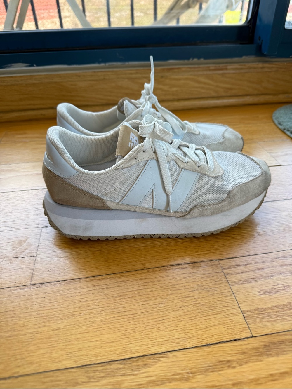 New Balance White Taupe Low-Profile Platform Sneakers